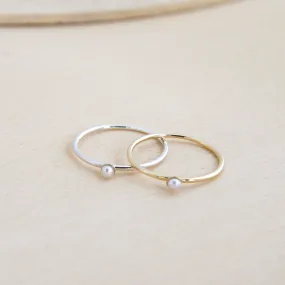 White Pearl Solitaire Thin Band Ring - 14k Gold