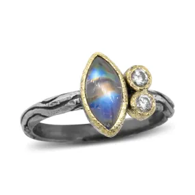 Wood Grain  Marquise Rainbow Moonstone Ring with Diamonds